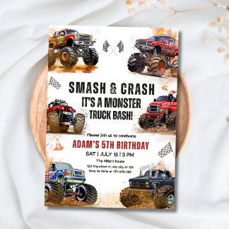 Monster Truck Birthday Party Smash Crash Truck Boy Inbjudningar