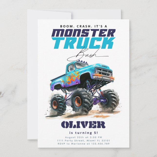 Monster Truck Blå Födelsedagsfest Inbjudningar (Framsida)
