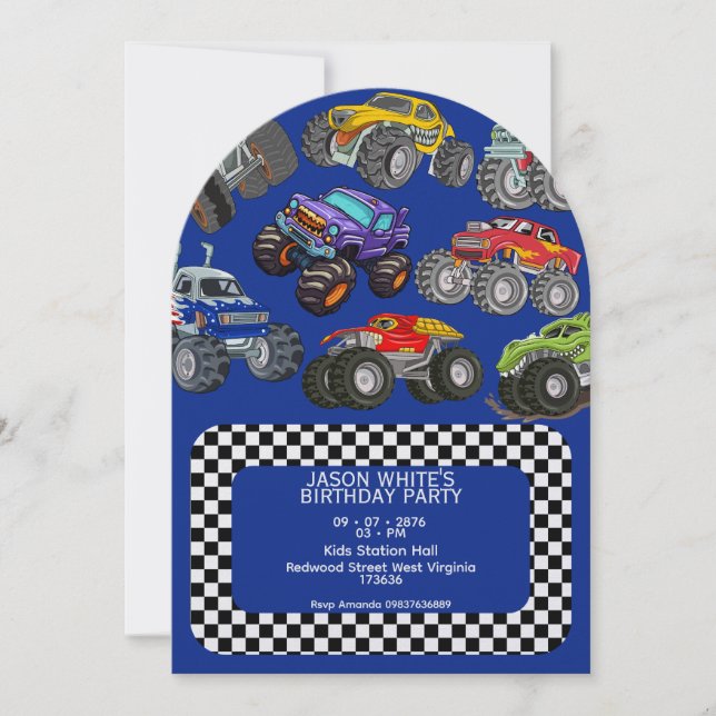 Monster Truck Boys Birthday Invitation  Inbjudningar (Framsida)