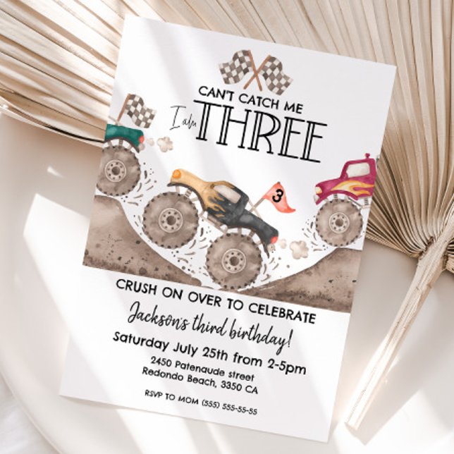 Monster Truck Can't catch me, I am three birthday  Inbjudningar (Can't catch me, I am three Monster truck birthday invitation)