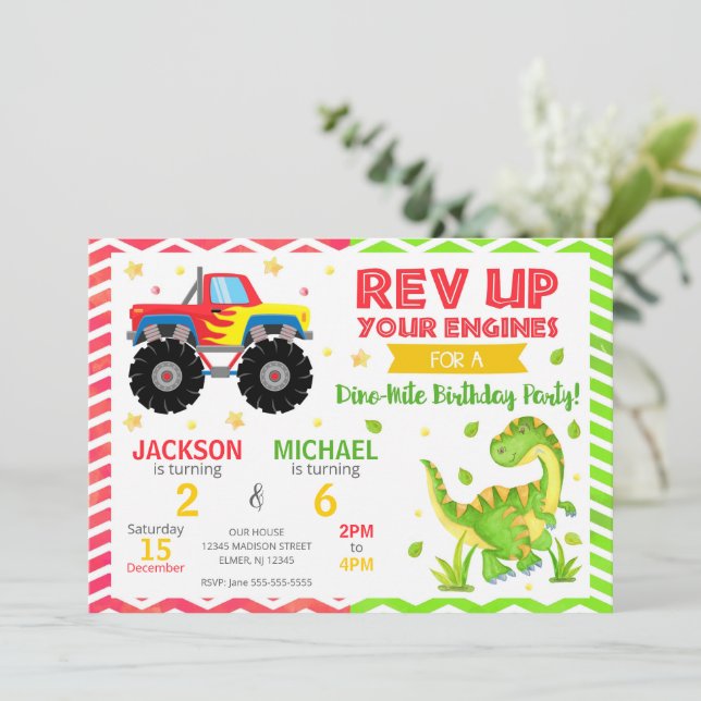Monster Truck & Dinosaur Joint Birthday Invitation Inbjudningar (Stående Fram)