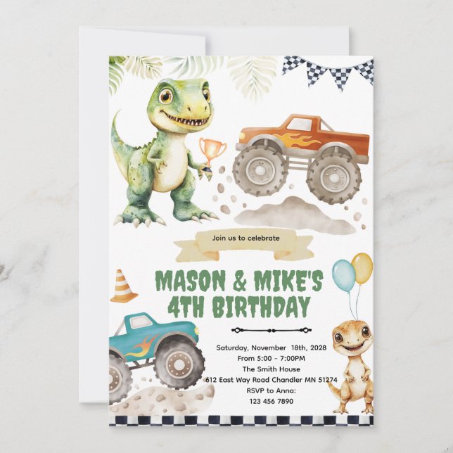 Monster truck dinosaur tema inbjudan (Framsida)