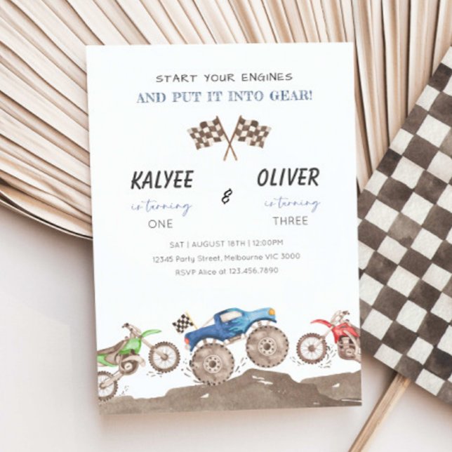 Monster Truck & Dirt Bike Joint Birthday Party Inbjudningar (Skapare uppladdad)