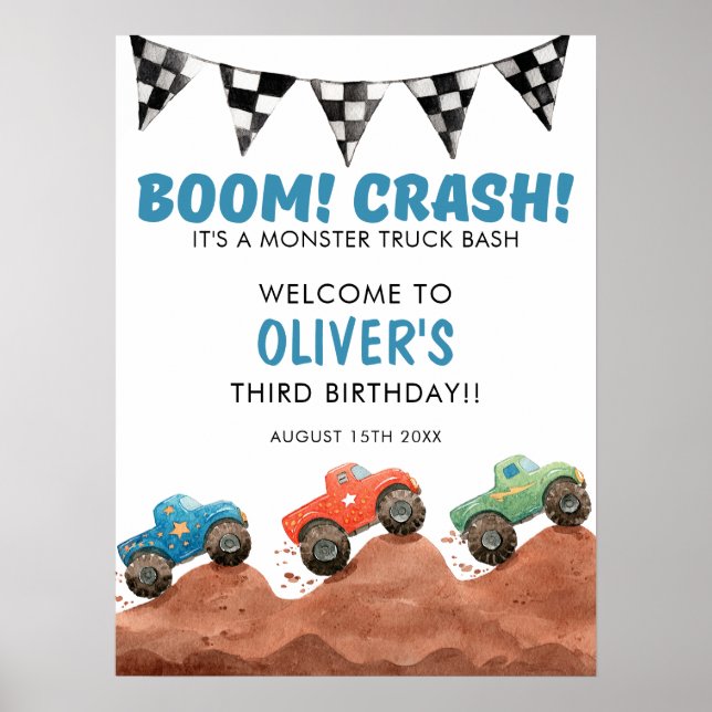 Monster Truck Färgglada Bilar Födelsedags Välkomst Poster (Framsidan)