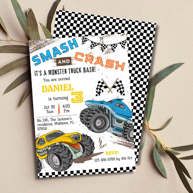 Monster truck-fest för coola moderna barn 3-års fö inbjudningar (Skapare uppladdad)