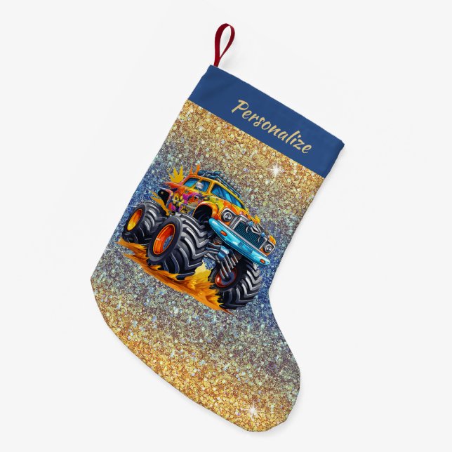 Monster Truck Flames Glitter Background Christmas Liten Julstrumpa (Framsidan (Hängande))