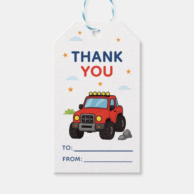Monster Truck Födelsedag Tack Presentetikett (Framsidan)