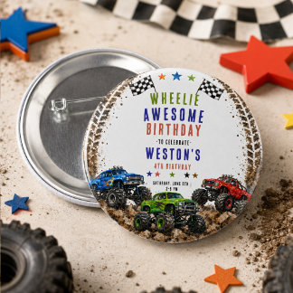 Monster Truck Födelsedags Pojke 4 År Wheelie Aweso Knapp