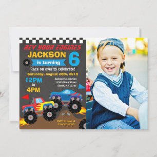 Monster Truck Födelsedagsfest Foto Inbjudningar