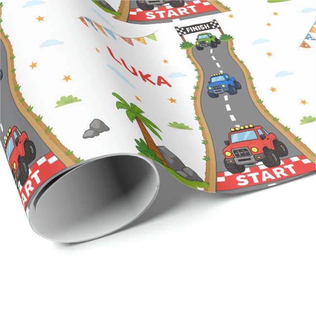 Monster Truck Födelsedagsfest Namn Barn Presentpapper (Rullad Hörn)