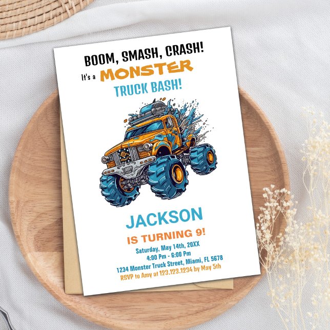 Monster Truck Födelsedagsinbjudningar Blå Inbjudningar (Monster Truck Birthday Invitations Blue)