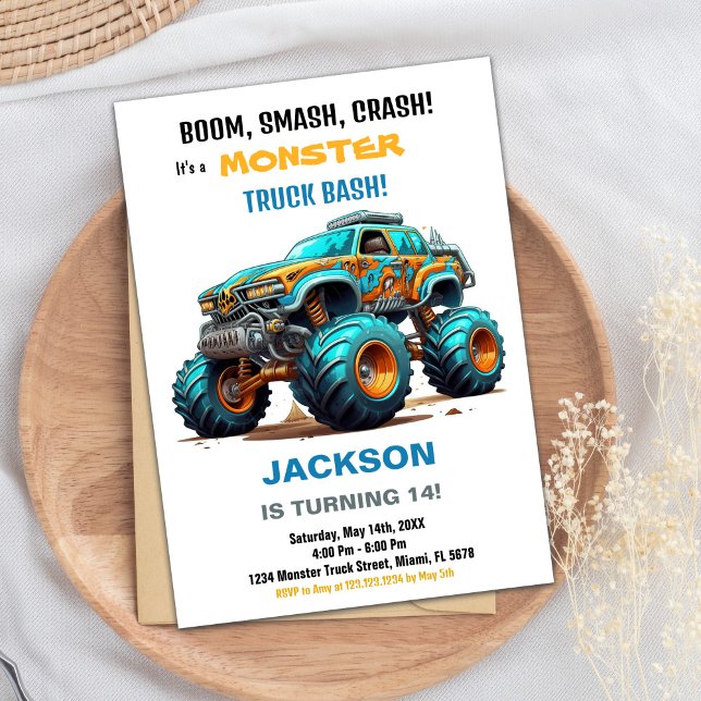 Monster Truck Födelsedagsinbjudningar Grön Blå Inbjudningar (Monster Truck Birthday Invitations Green Blue)
