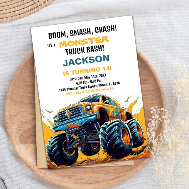 Monster Truck Födelsedagsinbjudningar Orange Inbjudningar (Monster Truck Birthday Invitations Orange)