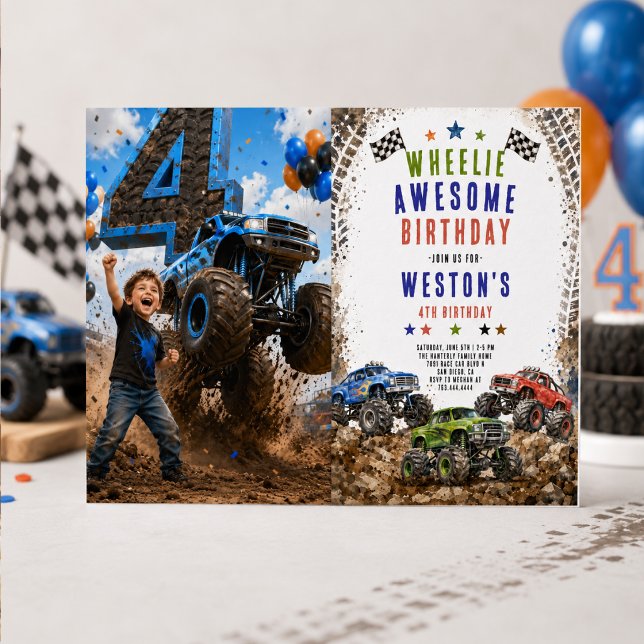 Monster Truck Födelsedagspresent För 4-Åringar  Inbjudningar (Wheelie Awesome Monster Truck 4Th Birthday boy Invitation
)
