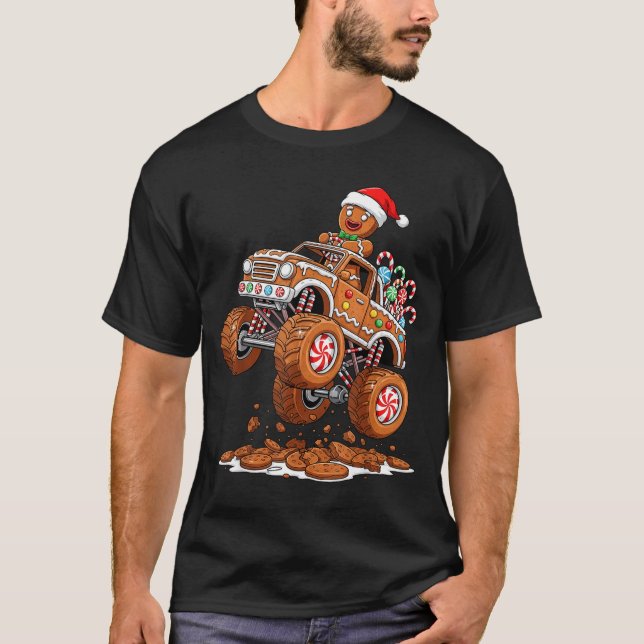 Monster Truck Gingerbread Man Funny Christmas Baki T Shirt (Framsida)