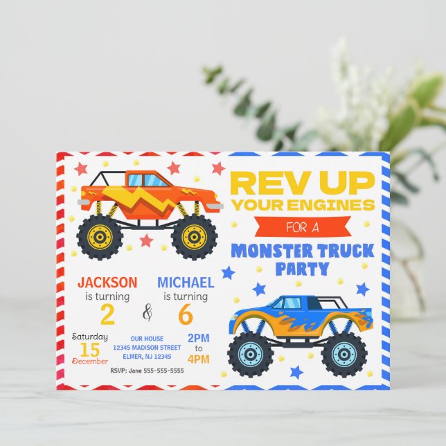 Monster Truck Joint Birthday Invitation Siblings Inbjudningar (Stående Fram)
