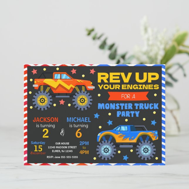 Monster Truck Joint Birthday Invitation Siblings Inbjudningar (Stående Fram)