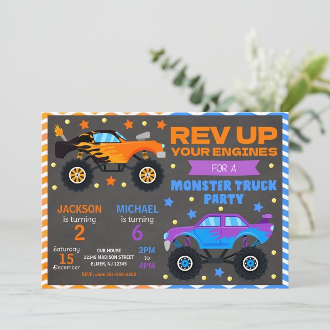Monster Truck Joint Birthday Invitation Siblings Inbjudningar (Stående Fram)