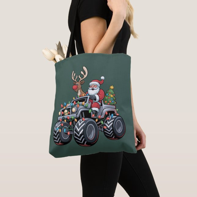 Monster Truck Jul Tomte Högtid Barn Tygkasse (Närbild)