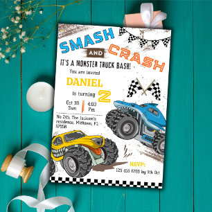 Monster truck kalas coolt modernt barn 2-års födel inbjudningar