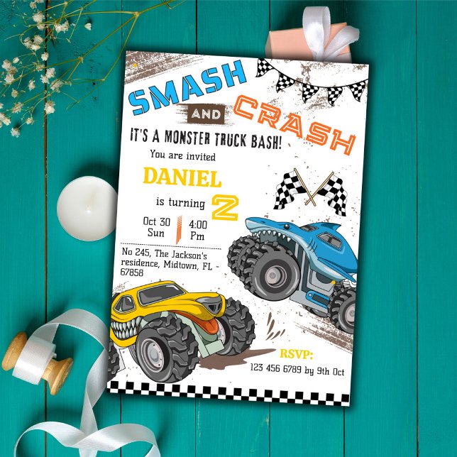 Monster truck kalas coolt modernt barn 2-års födel inbjudningar (Skapare uppladdad)