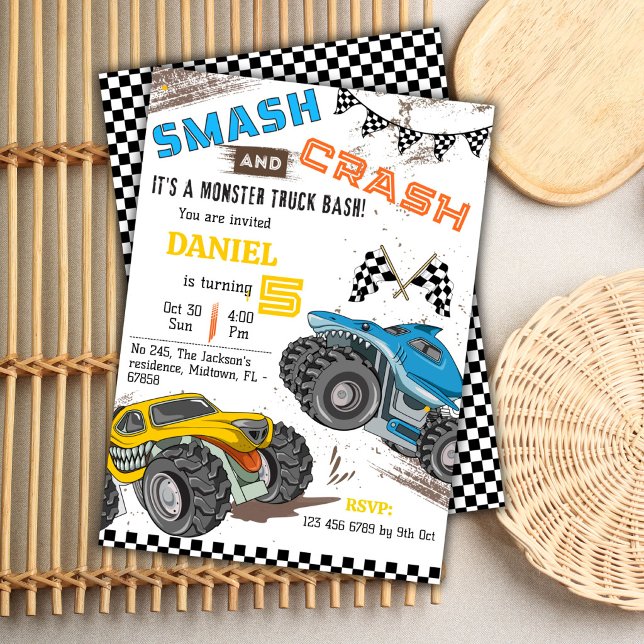 Monster truck kalas coolt modernt barn 5-års födel inbjudningar (Skapare uppladdad)