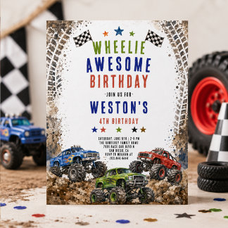 Monster Truck med Wheelie 4-års födelsedags pojke  Inbjudningar