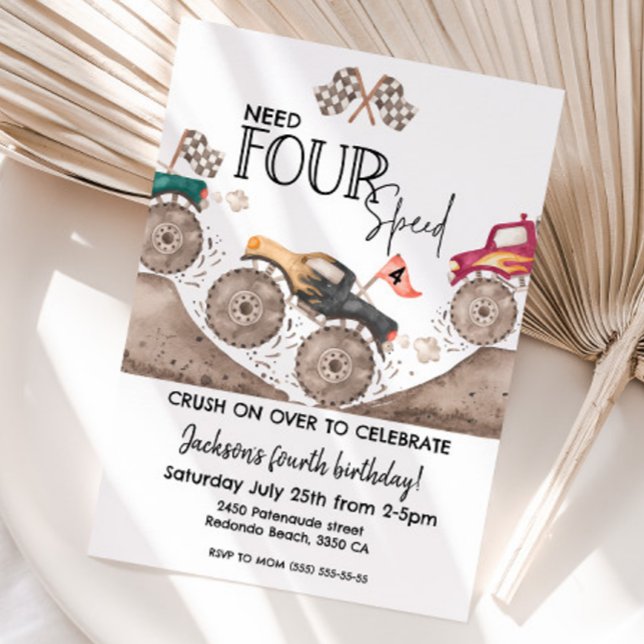Monster Truck Need FOUR speed 4th birthday Inbjudningar (Monster truck, need four speed birthday invitation)