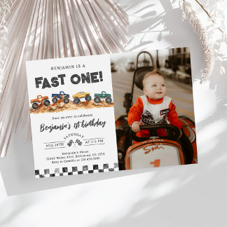 Monster Truck Pojke 1-års födelsedagsfoto Inbjudningar