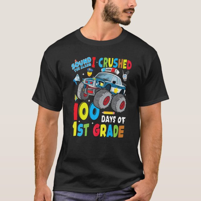 Monster Truck Police Car 100 Days Of School 1st Gr T Shirt (Framsida)
