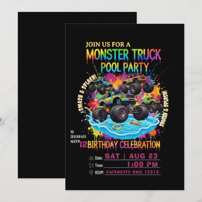 Monster Truck Pool Party Födelsedagsinbjudan Inbjudningar (Fram/baksida)