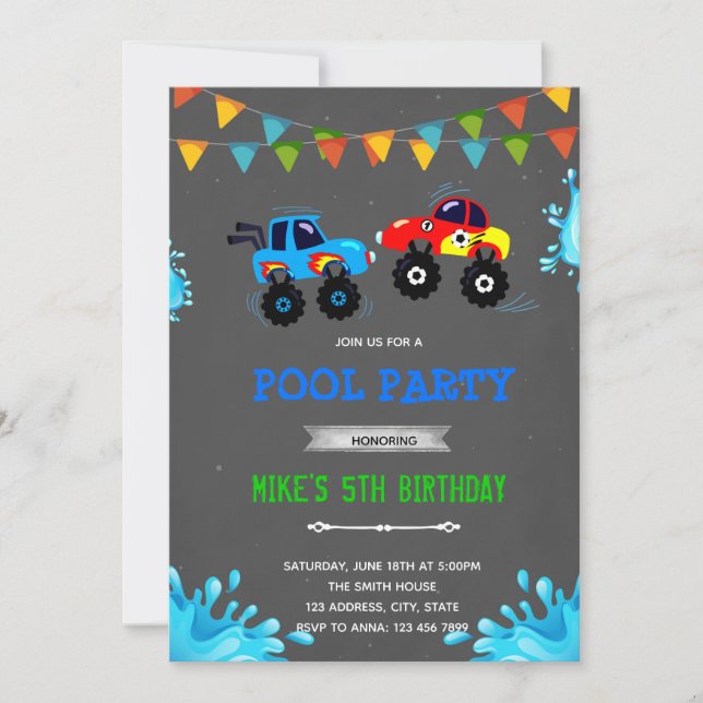 Monster truck poolparty inbjudningar (Framsida)
