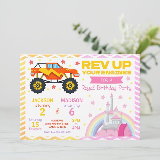 Monster Truck & Princess Joint Birthday Invitation Inbjudningar (Stående Fram)