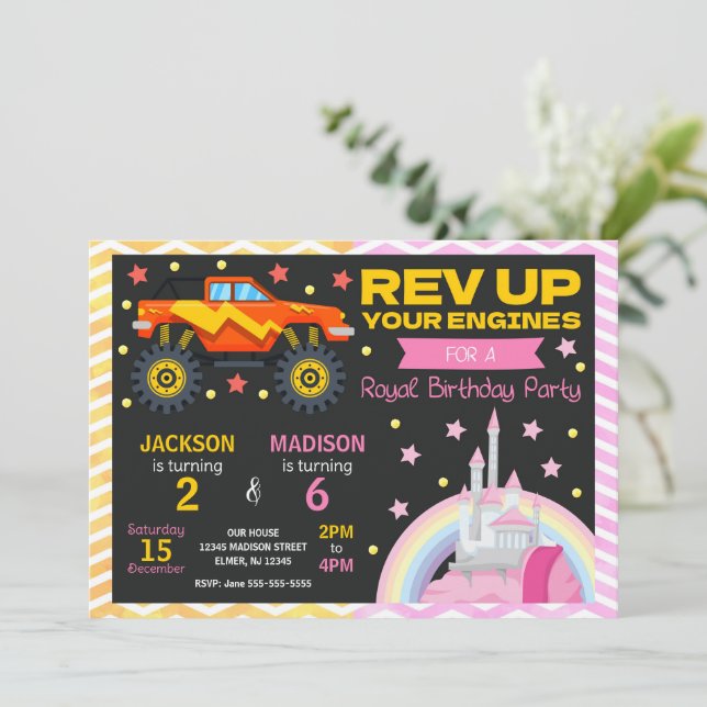 Monster Truck & Princess Joint Birthday Invitation Inbjudningar (Stående Fram)