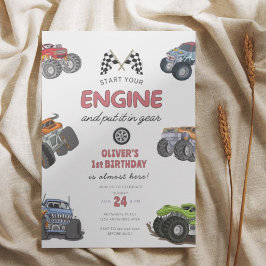 Monster truck, start your engine boy 1st birthday inbjudningar