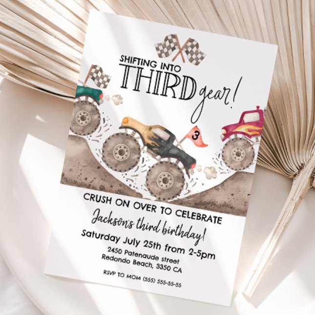 Monster Truck TREDJE Växel 3-årsdag barn Inbjudningar (Monster truck third gear birthday invitation)