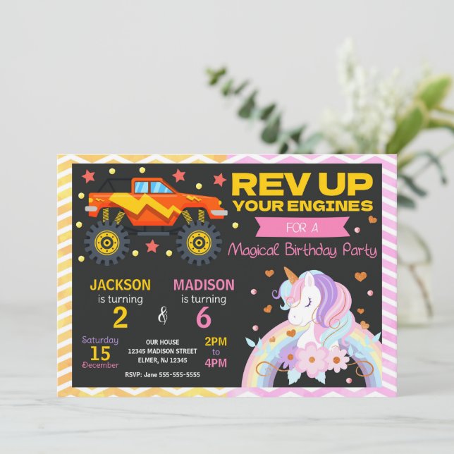 Monster Truck & Unicorn Joint Birthday Invitation Inbjudningar (Stående Fram)