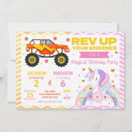 Monster Truck & Unicorn Joint Birthday Invitation Inbjudningar