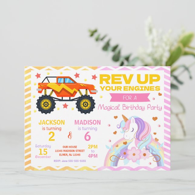 Monster Truck & Unicorn Joint Birthday Invitation Inbjudningar (Stående Fram)