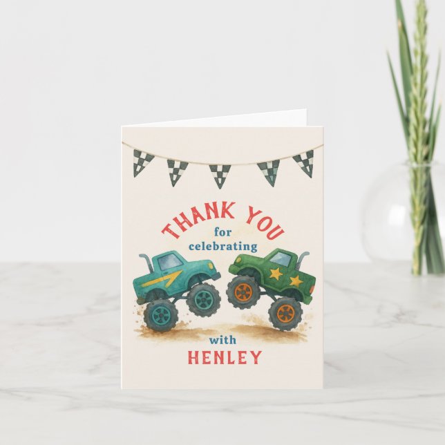 Monster Truck Vattenfärg Barnkalas Tack Kort (Framsida)