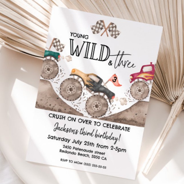 Monster Truck YOUND WILD & THREE 3rd birthday kids Inbjudningar (Young Wild and three monster truck birthday invitation)