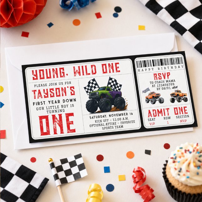 Monster Trucks 1-års födelsedagsbiljett inbjudan  (Monster Trucks 1st Birthday Ticket Invitation
)