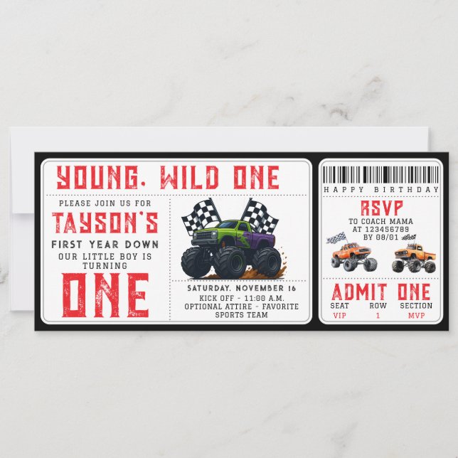 Monster Trucks 1st Birthday Ticket Invitation  Inbjudningar (Framsida)