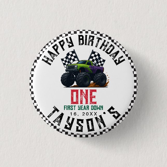 Monster Trucks 1st Birthday Vroom Party Knapp (Framsida)