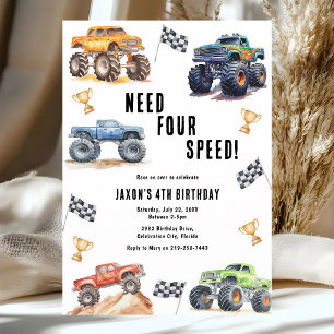 Monster Trucks 4-års födelsedagsinbjudan Inbjudningar