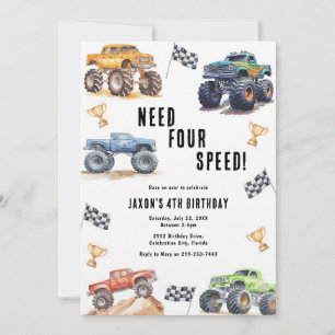 Monster Trucks 4-års födelsedagsinbjudan Inbjudningar