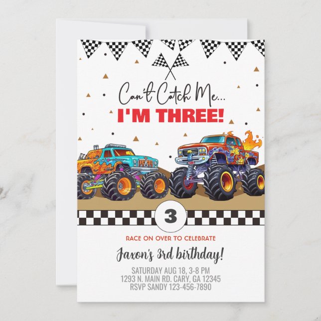 Monster trucks boy birthday invitation. invitation inbjudningar (Framsida)