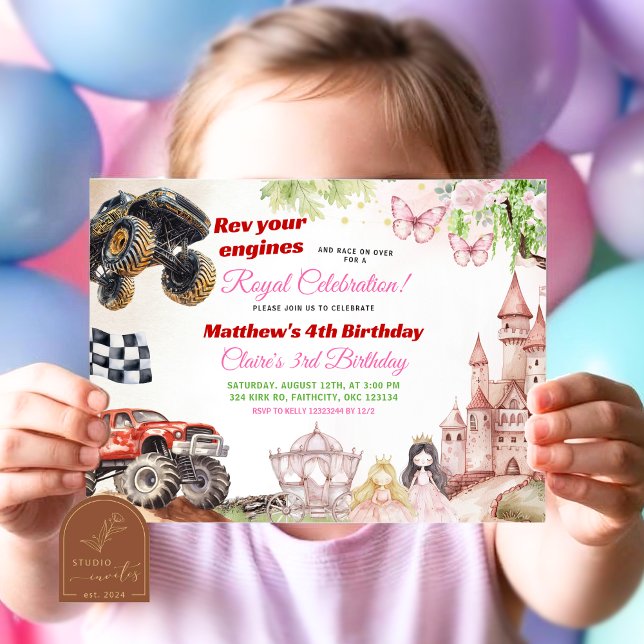 Monster Trucks och prinsessor gemensam födelsedag Inbjudningar (Skapare uppladdad)