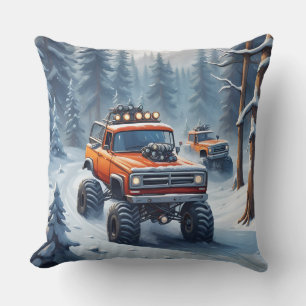 Monster Trucks som kör i snöig skog Kudde