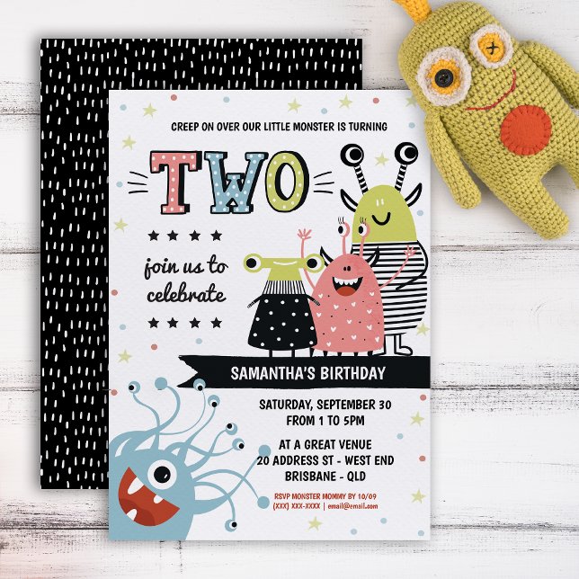Monster två år gammal födelsedagsinbjudan inbjudningar (Your little one will be in for a monster of a celebration with this creative invitation.)